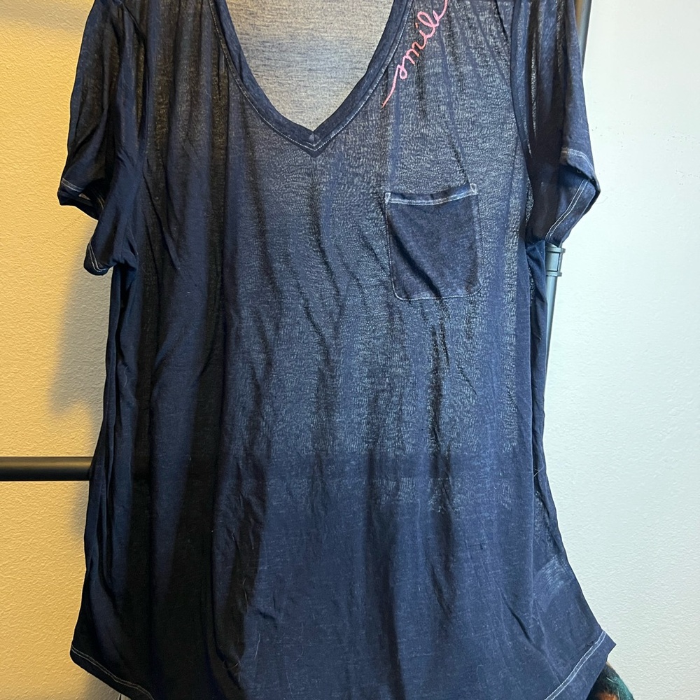 Navy Blue Sheer V-Neck Top